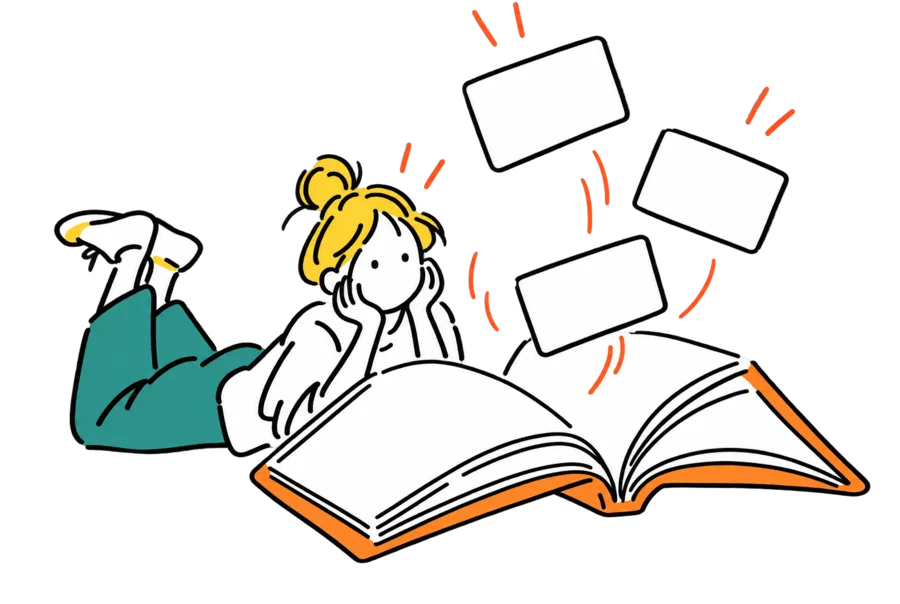 本を開いて、新しい単語カードを見つける女性のイラスト