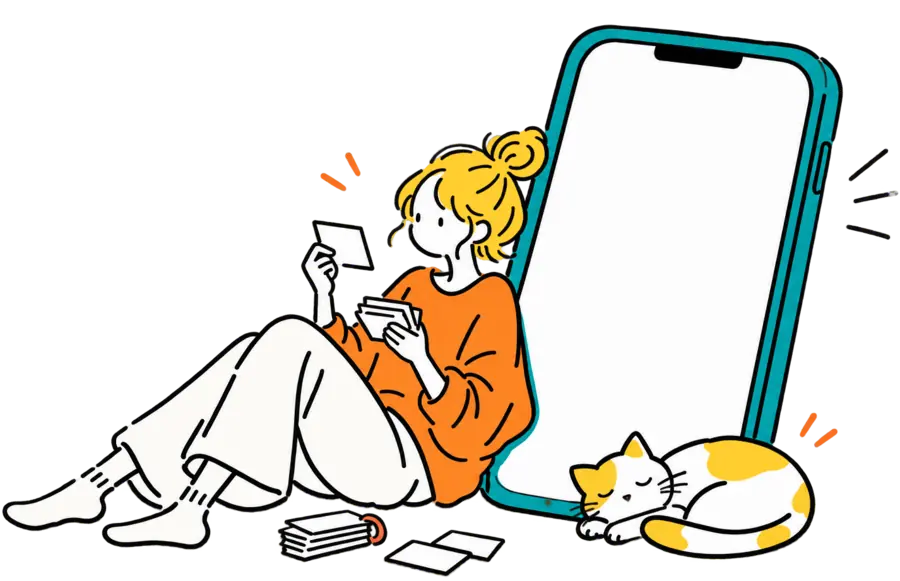 大きなスマホの横で、単語カードを持ってくつろぐ女性と猫のイラスト